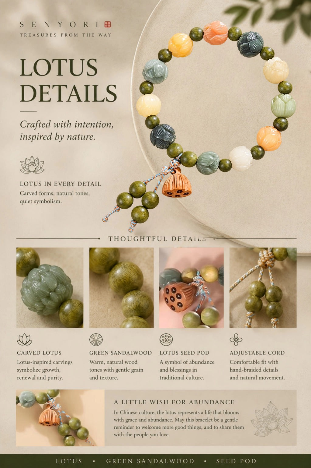 Bodhi Lotus Bracelet · Green Sandalwood