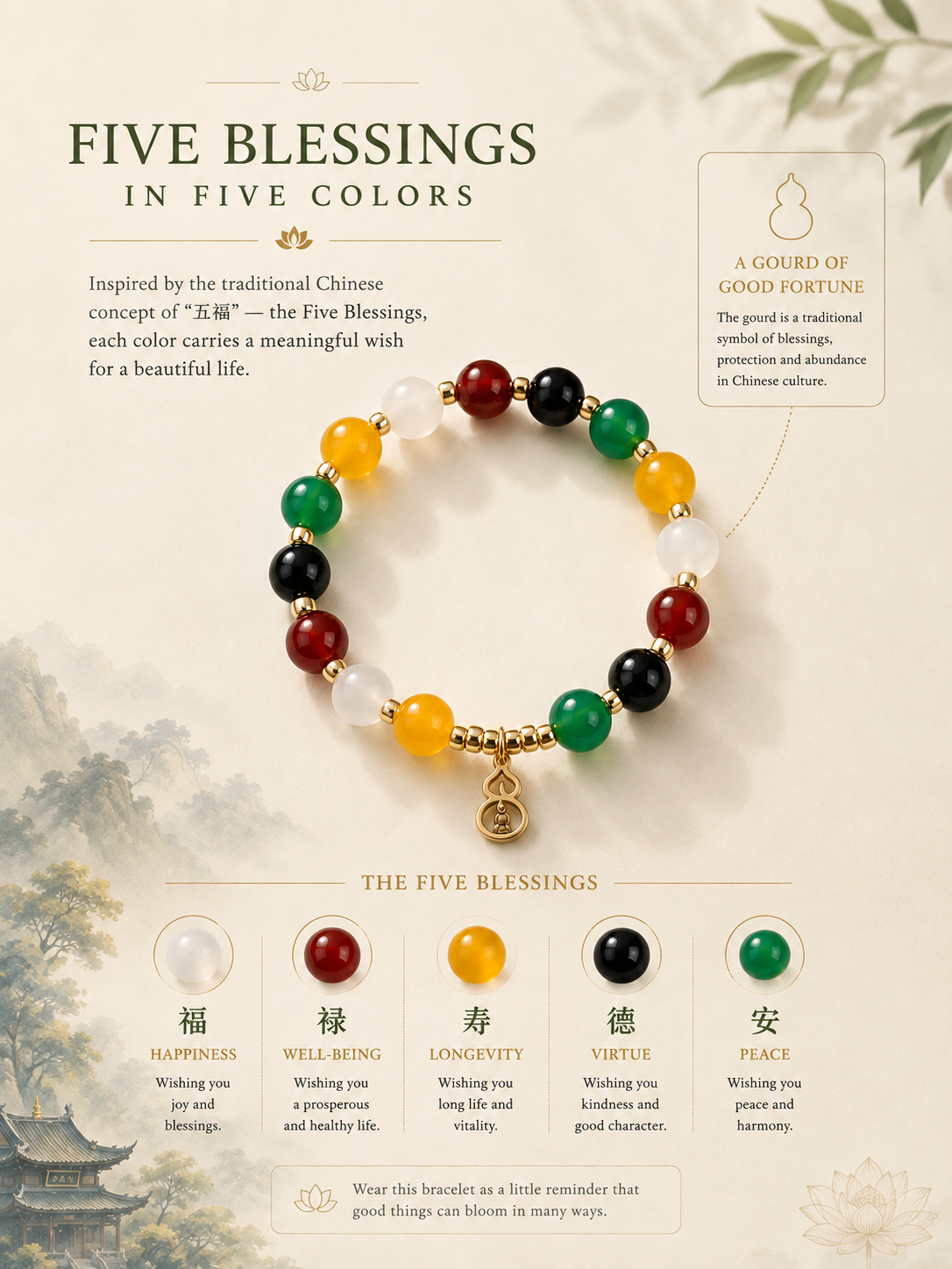 Five Blessings Bracelet · Agate · Lingyin Temple